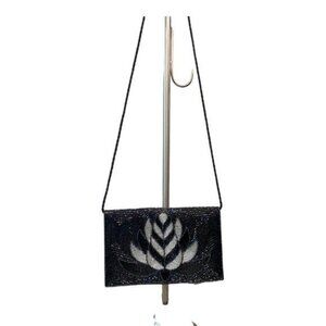 Handmade Black with White Floral Beaded Crossbody with String‎ Handle